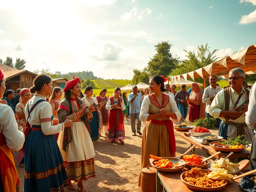 A vibrant photograph capturing a cultural event at the AS MUSEE MACH AGR DE AGRI ART RUR NEUVIC, featuring traditional music, dance, and local food.