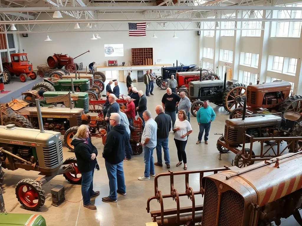 A photograph showcasing an exhibition of vintage agricultural machinery at the AS MUSEE MACH AGR DE AGRI ART RUR NEUVIC, with visitors observing the displays.