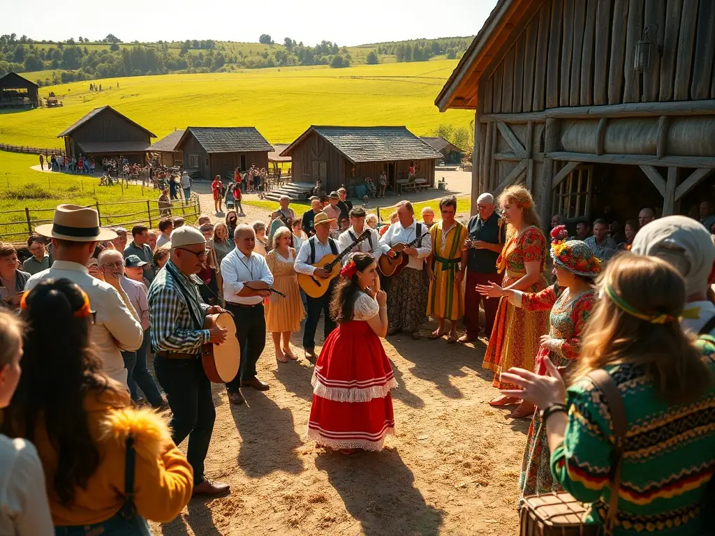 A photograph capturing a cultural event at AS MUSEE MACH AGR DE AGRI ART RUR NEUVIC, featuring traditional music, dance performances, and harvest celebrations, with attendees enjoying the festivities.