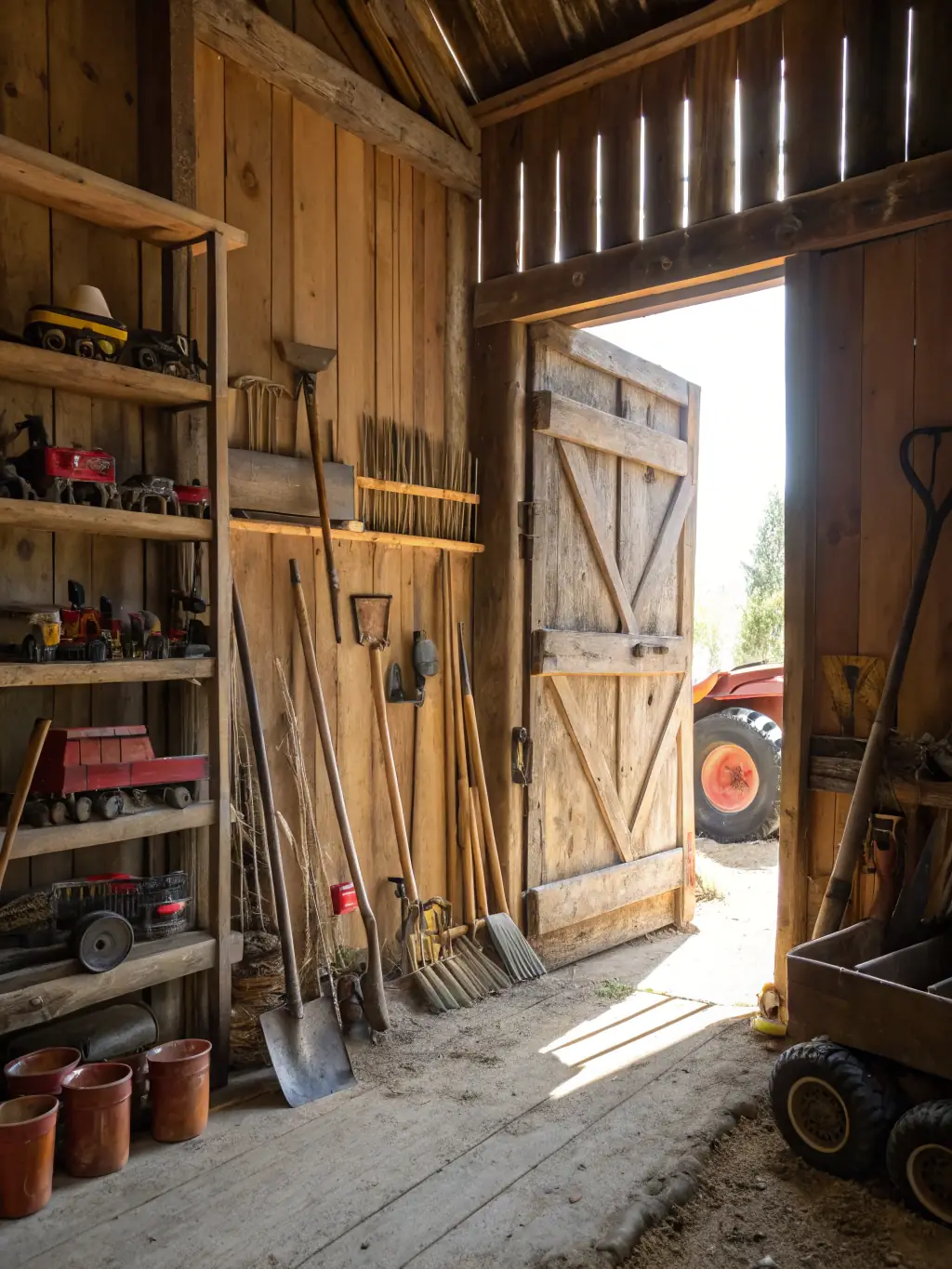A vibrant display of vintage tractors and farming tools arranged in a rustic exhibition hall, with visitors exploring the artifacts.