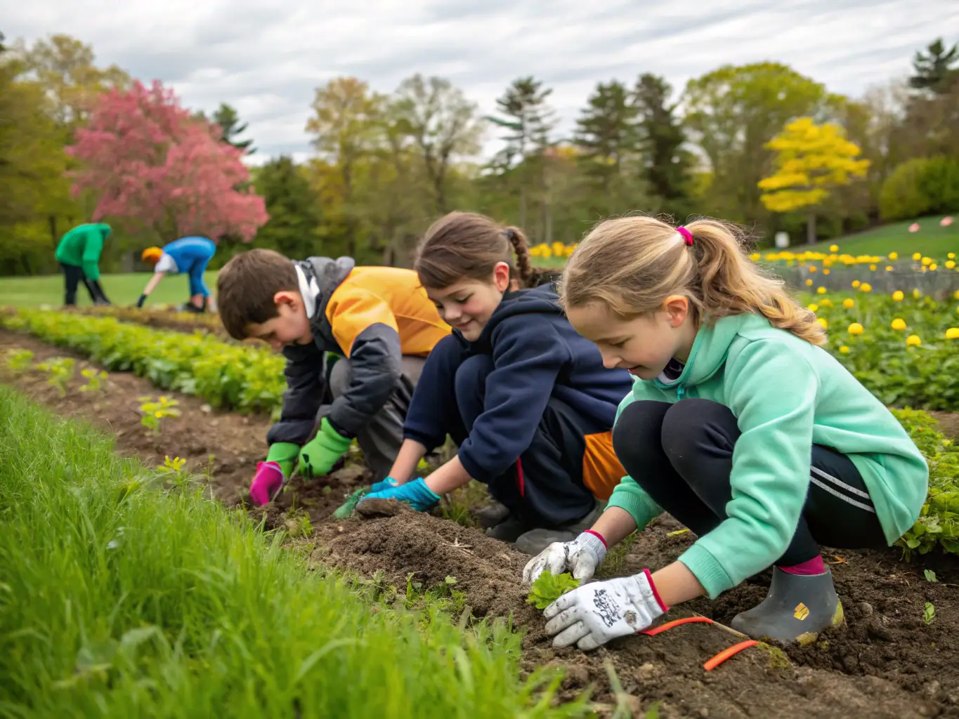 A photograph depicting an educational workshop at AS MUSEE MACH AGR DE AGRI ART RUR NEUVIC, where children are learning about traditional farming methods and planting seeds in a small garden.