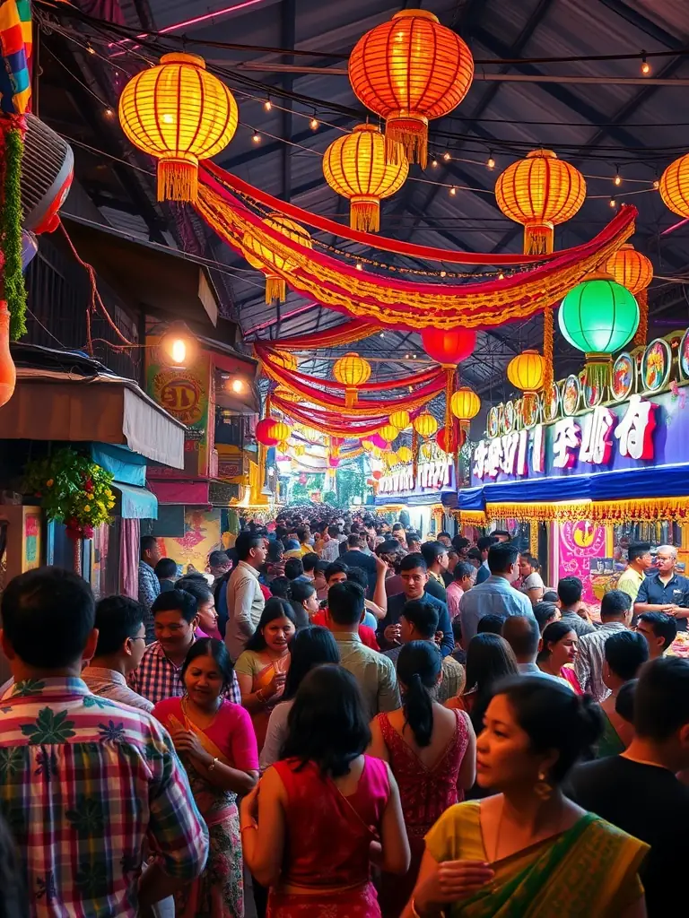 A lively outdoor festival with folk musicians, dancers in traditional costumes, and families enjoying rural festivities.