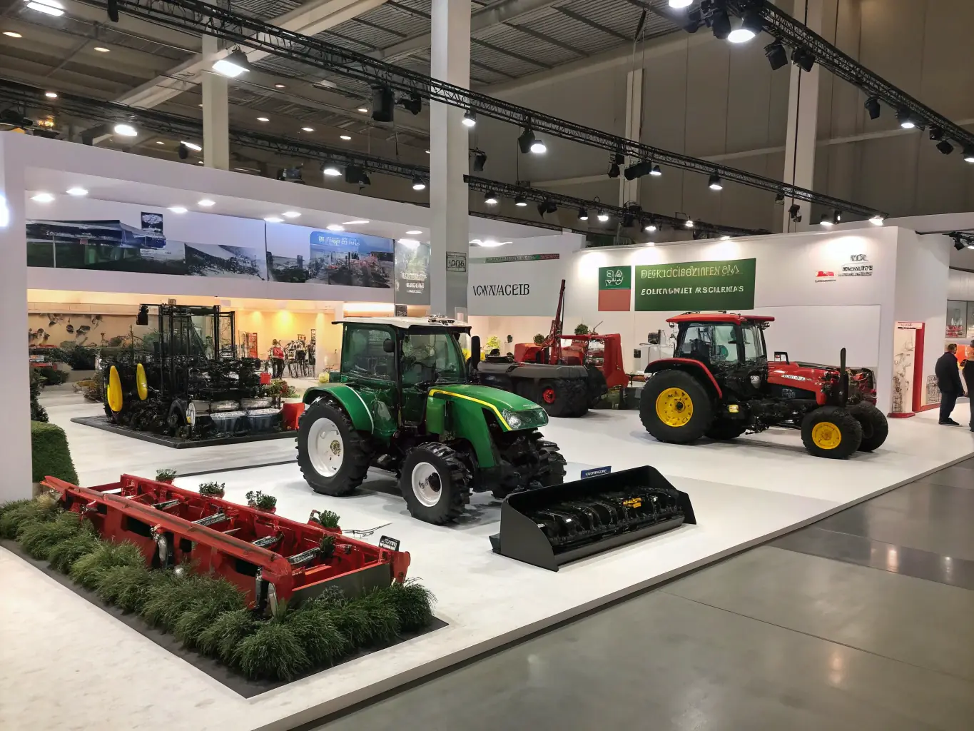 A photograph showcasing a heritage exhibition at AS MUSEE MACH AGR DE AGRI ART RUR NEUVIC, featuring vintage tractors and farming equipment, with visitors observing the displays.