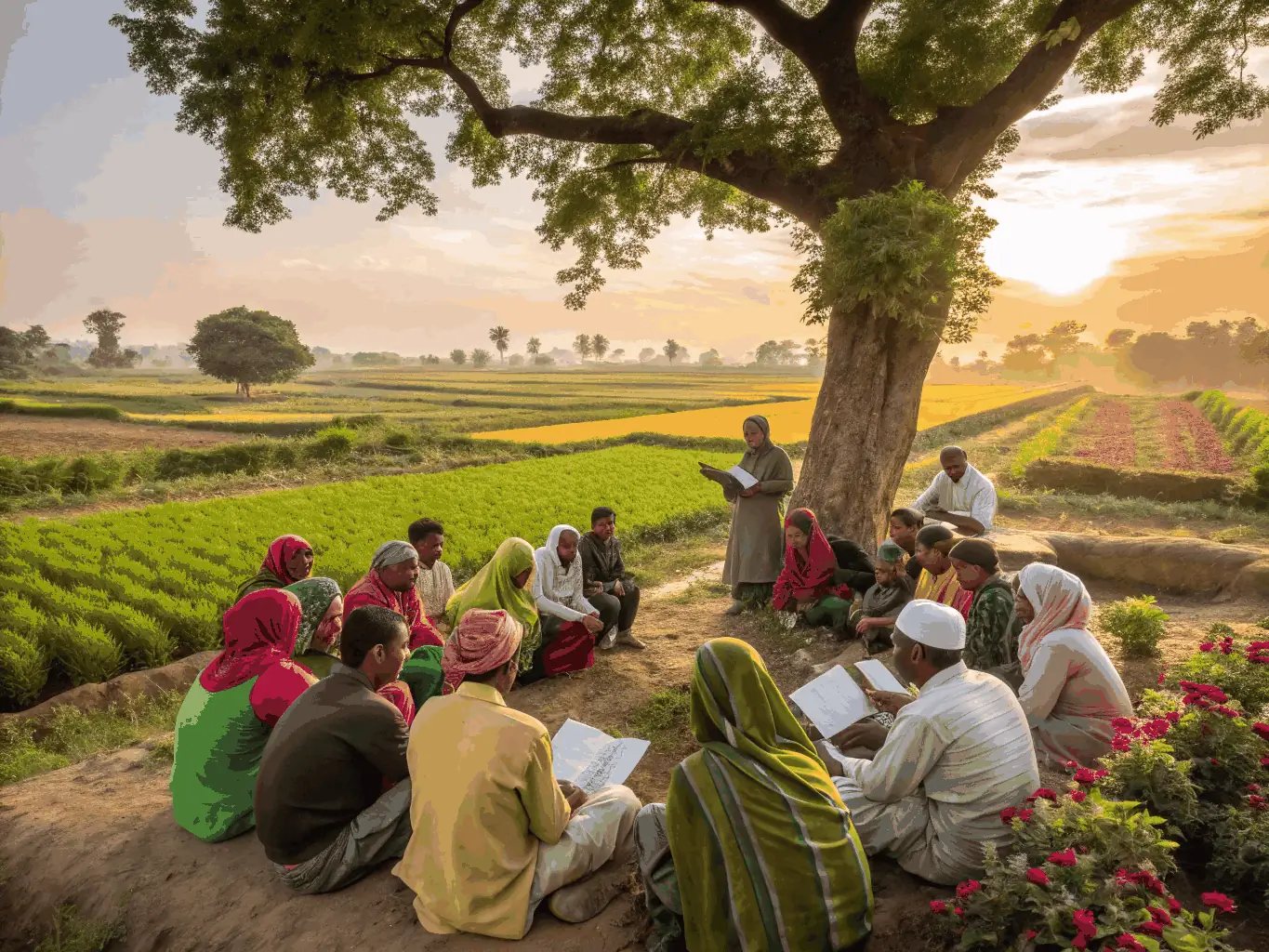 A vibrant image capturing participants in an educational workshop at AS MUSEE MACH AGR DE AGRI ART RUR NEUVIC, learning traditional farming techniques and machinery maintenance from experienced instructors.