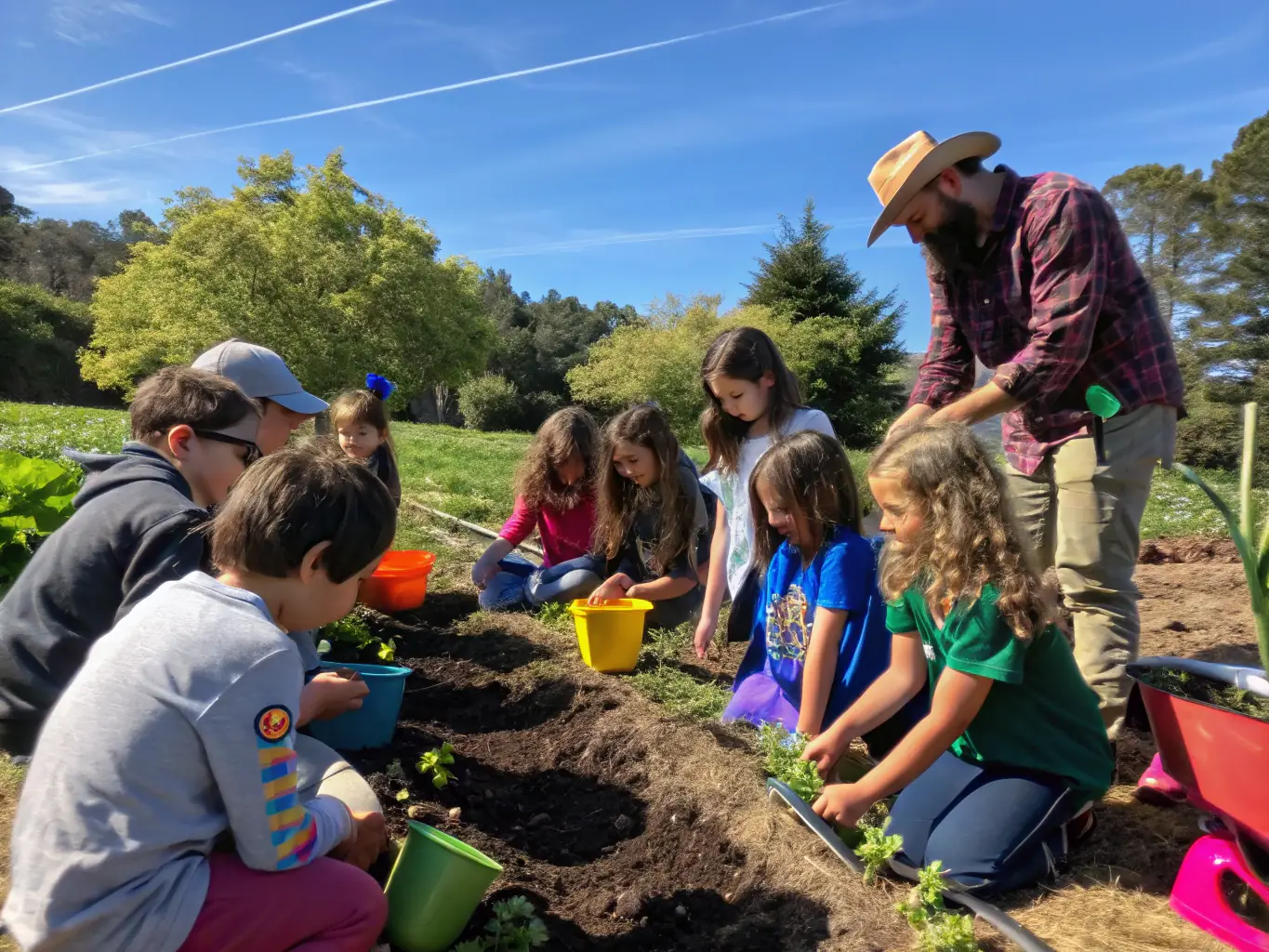 A photograph of children participating in a hands-on workshop at the AS MUSEE MACH AGR DE AGRI ART RUR NEUVIC, learning about traditional farming techniques.